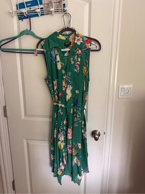 Anthropologie Green Floral Sleeveless Midi Shirt Dress